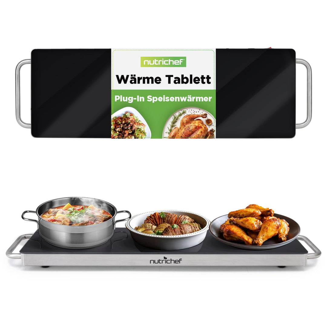 NutriChef Warmhalteplatte Elektrisch – 56,9 × 17 cm Glas-Kochplatte mit Griffen für Speisen, Für Buf