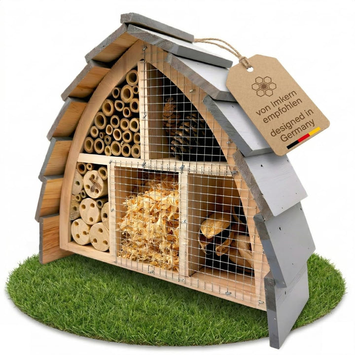 Insektenhotel wetterfest aus Holz – Bienenhotel mit Vogelschutz für Wildbienen &amp; Schmetterlinge – In