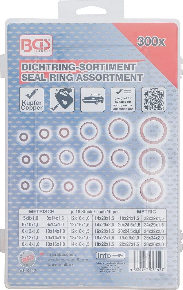 BGS 8142 | Dichtring-Sortiment | 300-tlg. | Kupfer | inkl. Sortimentskasten | Kupferringe | Kupfer-D