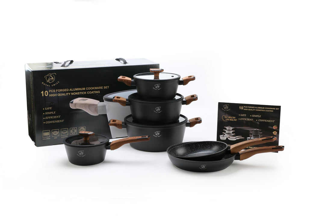 Royal Swiss® Kochgeschirr Set 10-teilig – Töpfe & Pfannen mit abnehmbaren Griffen – Marmor Antihaftb