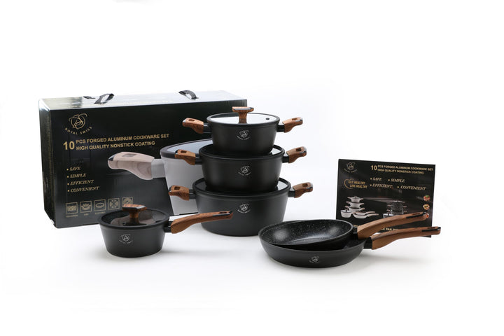 Royal Swiss® Kochgeschirr Set 10-teilig – Töpfe & Pfannen mit abnehmbaren Griffen – Marmor Antihaftb