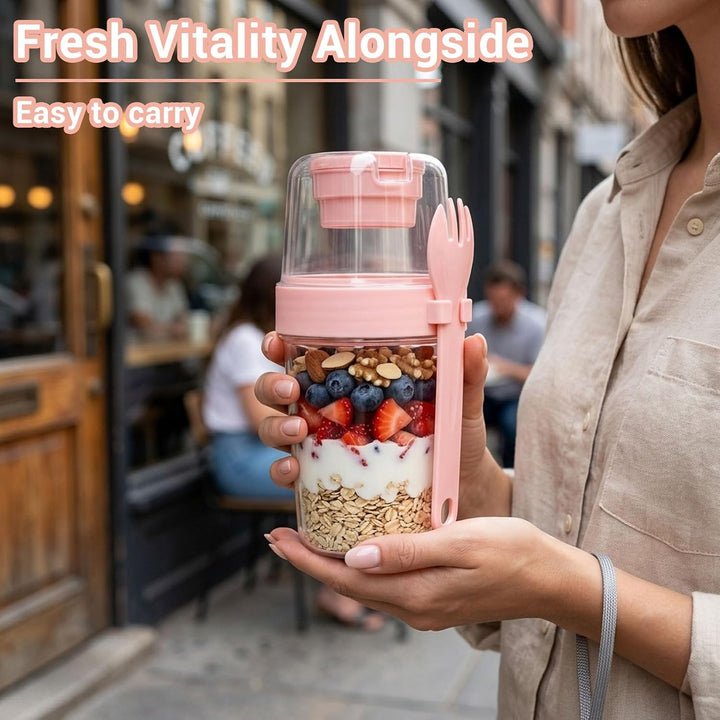 4er Set Müslibecher to Go mit Löffel, Wiederverwendbare Joghurt-Parfait-Becher, Overnight Oats Gläse