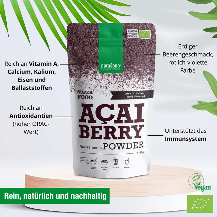 Purasana® Acai Pulver Bio - 100g Gefriergetrocknet, 100% Rohkost aus Acai-Beeren, Hochkonzentriert u
