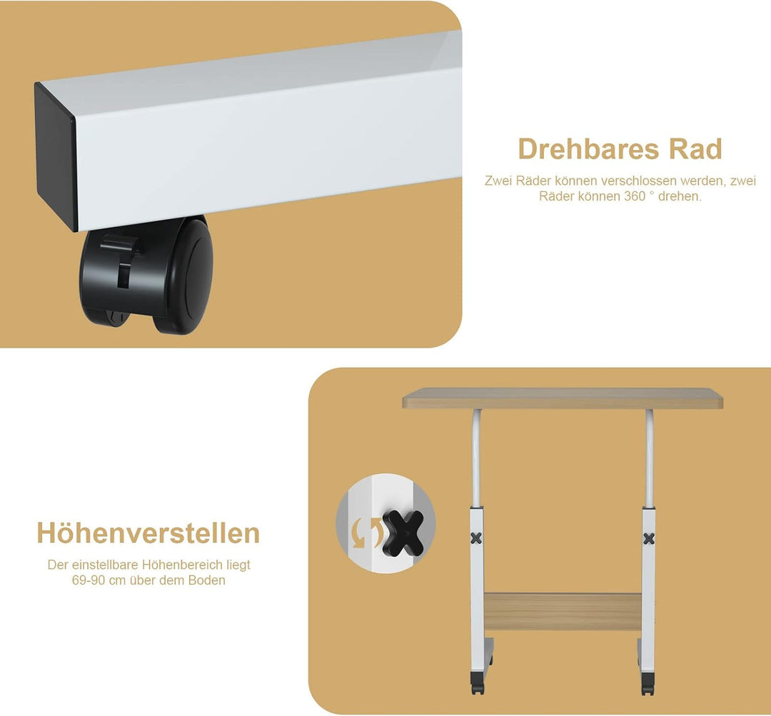 PIPIPOXER 60x40cm Laptoptisch höhenverstellbarer Schreibtisch mit drehbarer Rollen 60x40cm Computert