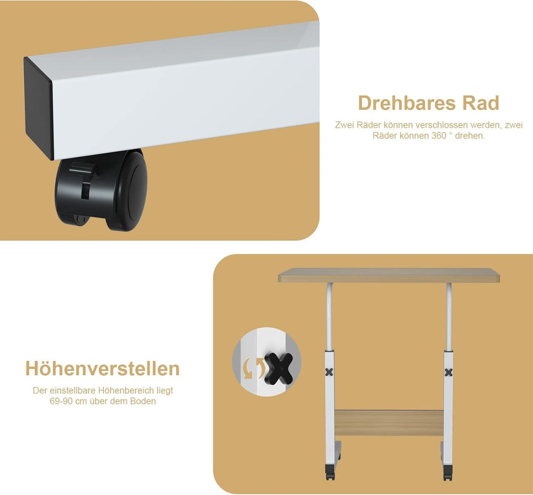 PIPIPOXER 60x40cm Laptoptisch höhenverstellbarer Schreibtisch mit drehbarer Rollen 60x40cm Computert