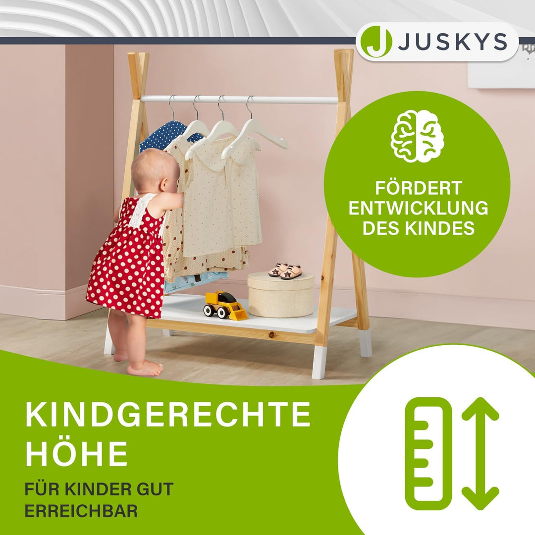Juskys Kinder Kleiderständer Heidy mit Ablage & Kleiderstange - Holz Kindergarderobe modern, offen &