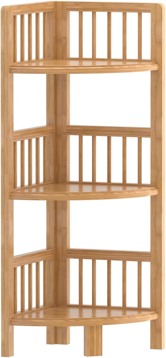 Dripex Eckregal stehend, Bambusregal, Standregal mit 3 Ablagen, 89x30x30cm, Platzsparend, Klein Lage