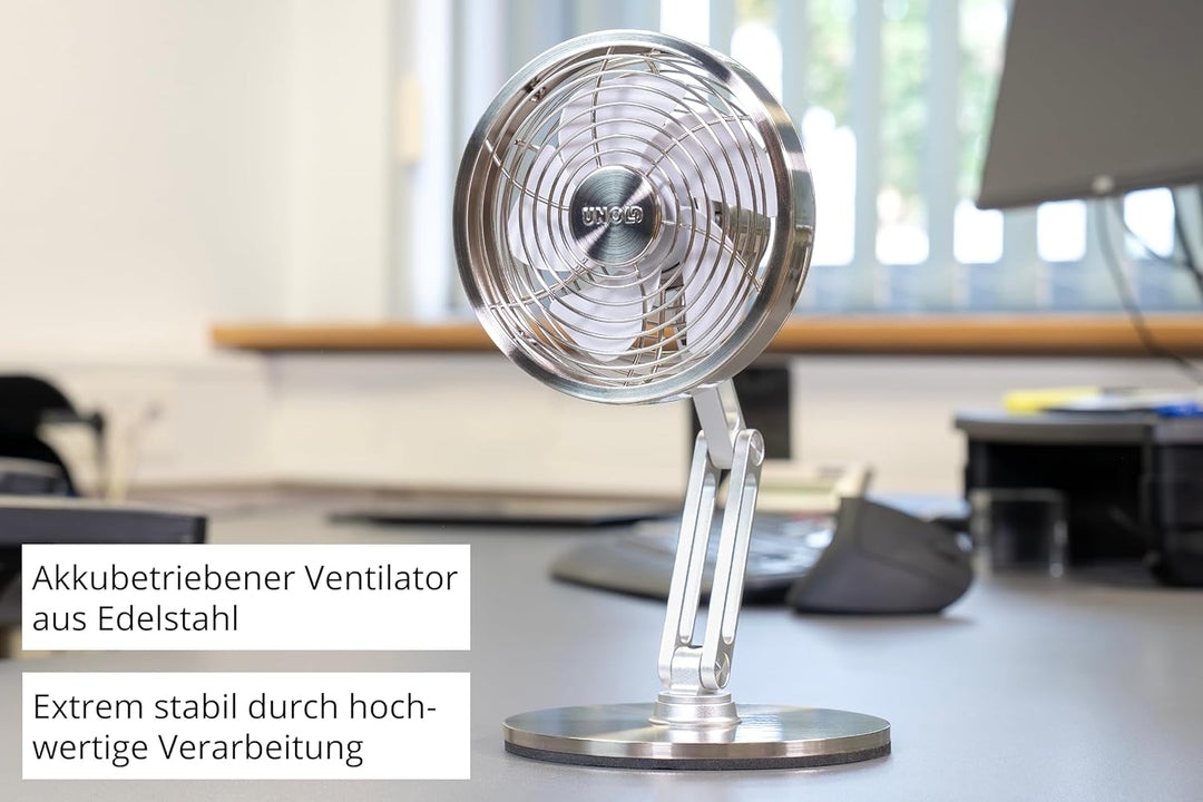 Unold STEEL FLEX Akku Ventilator 86705 | leise & kabellos – Tischventilator aus Edelstahl, 12h Laufz