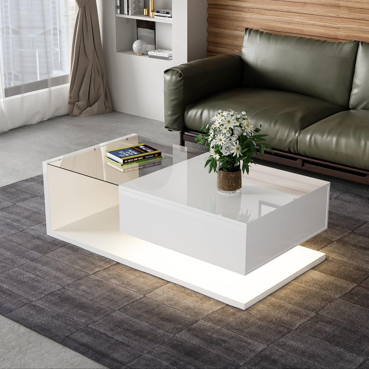 Merax Wohnzimmertisch, LED Couchtisch mit Schubladen, Hochglanz Kaffeetisch mit Stauraum, Modern Cof