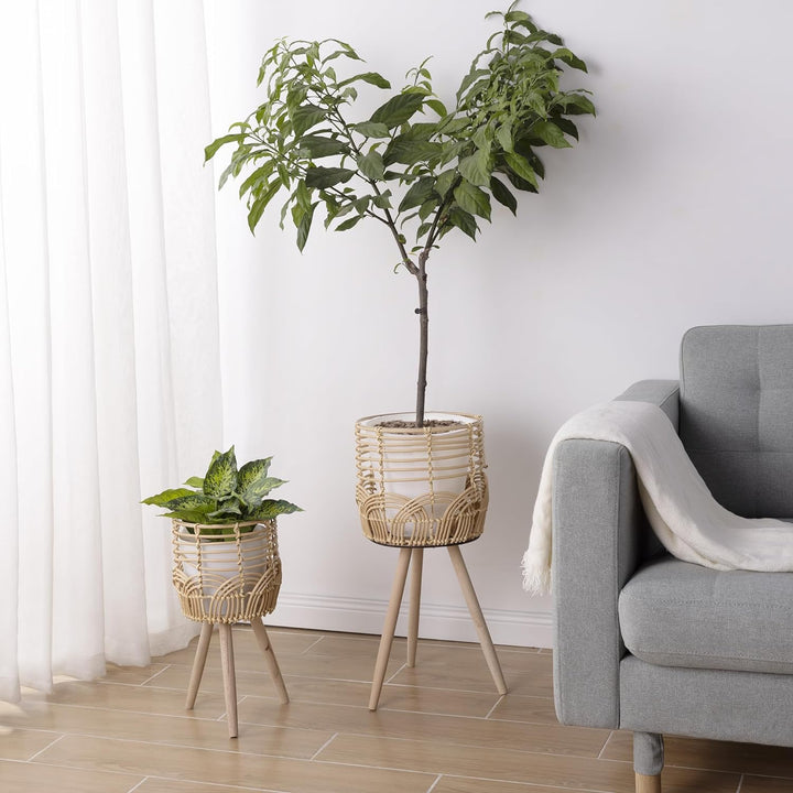 Navaris 2x Blumentopf mit Ständer im Rattan Look - Boho Blumentopf geflochten - Pflanzen Hocker im K
