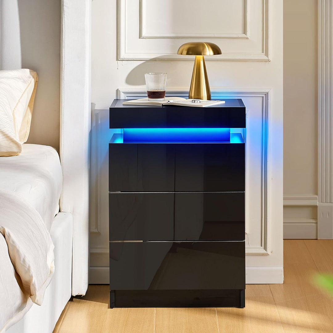CLIPOP Nachttisch Hochglanzfront Kommode mit mit LED-Lichtern, sprachgesteuerter Lichtstreifen, 3 Sc