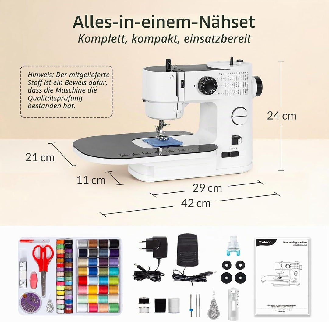 Todeco Nähmaschine Elektrisch, mit Erweiterungstisch, 39 Stichprogramme, Doppelnadel &amp; Doppelfaden,