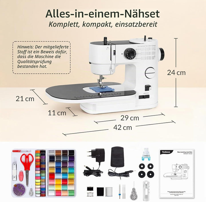 Todeco Nähmaschine Elektrisch, mit Erweiterungstisch, 39 Stichprogramme, Doppelnadel &amp; Doppelfaden,