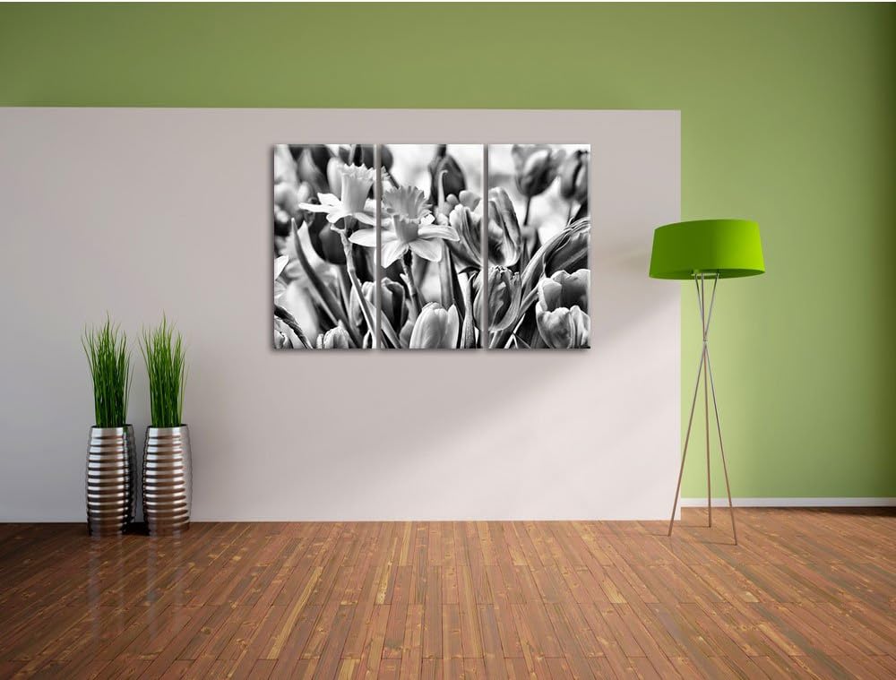 Pixxprint Osterglocken und Tulpen als Leinwandbild/Grösse: 3 Teilig (120x80) cm/Wandbild/Kunstdruck/