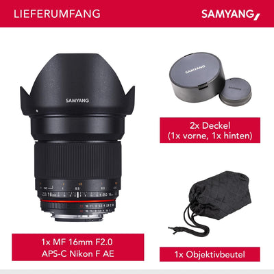 SAMYANG 882112 16/2,0 Objektiv DSLR Nikon F AE manueller Fokus automatischer Blendenring Fotoobjekti