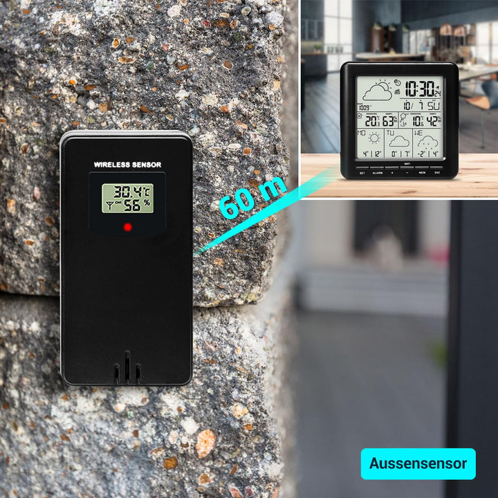 WLAN-Wetterstation mit Aussensensor: 4-Tage-Prognose, App-Zugriff weltweit, Schwarz – Übersichtliche