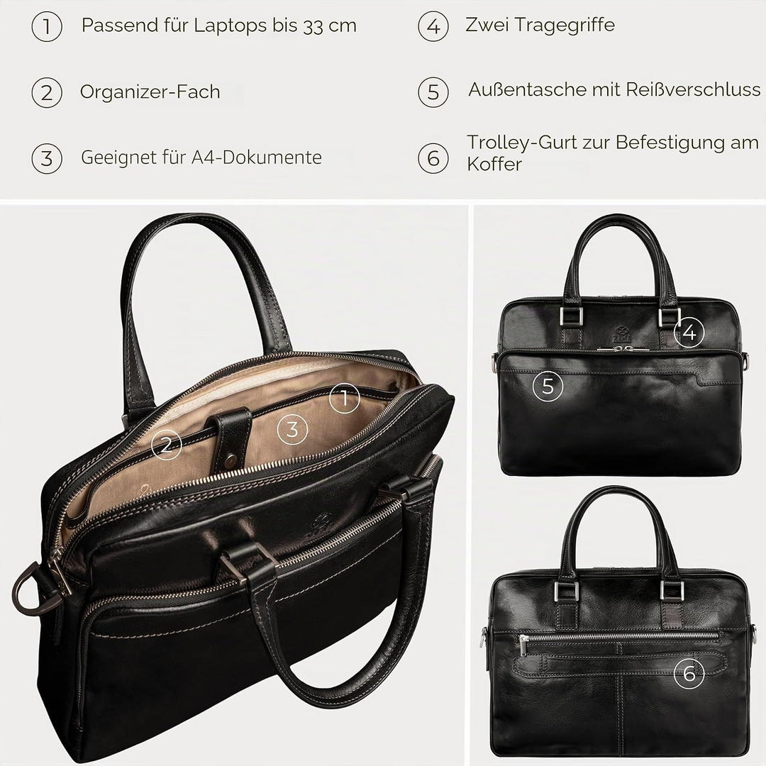 Time Resistance Aktentasche Leder Laptoptasche mit Schultergurt - Handgefertigt in Italien - Arbeits