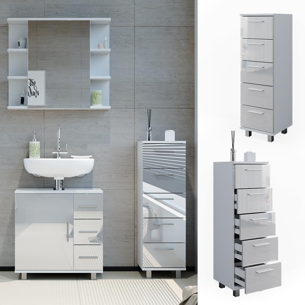 Vicco Badschrank Ilias, Weiss Hochglanz, 30 x 95 cm, Weiss Hochglanz