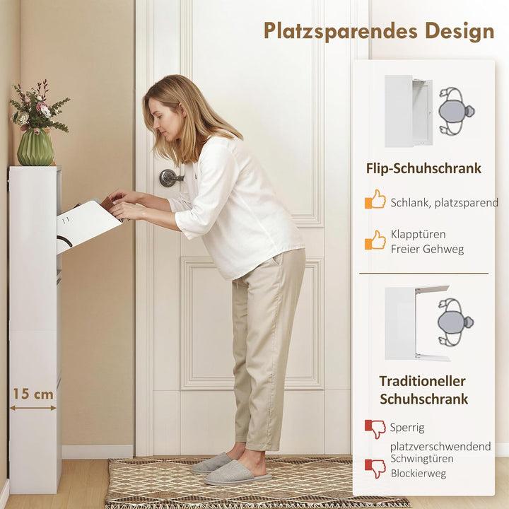 HOMCOM Schuhschrank Metall mit 3 Klappen Schuhkipper Schmal Schuhkommode Schuhregal Schuhablage Wand