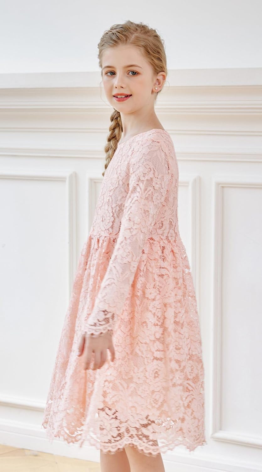 SMILING PINKER Mädchen Festliches Kleid Kinder Spitze Langarm Blumenmädchen Hochzeit Prinzessin Komm
