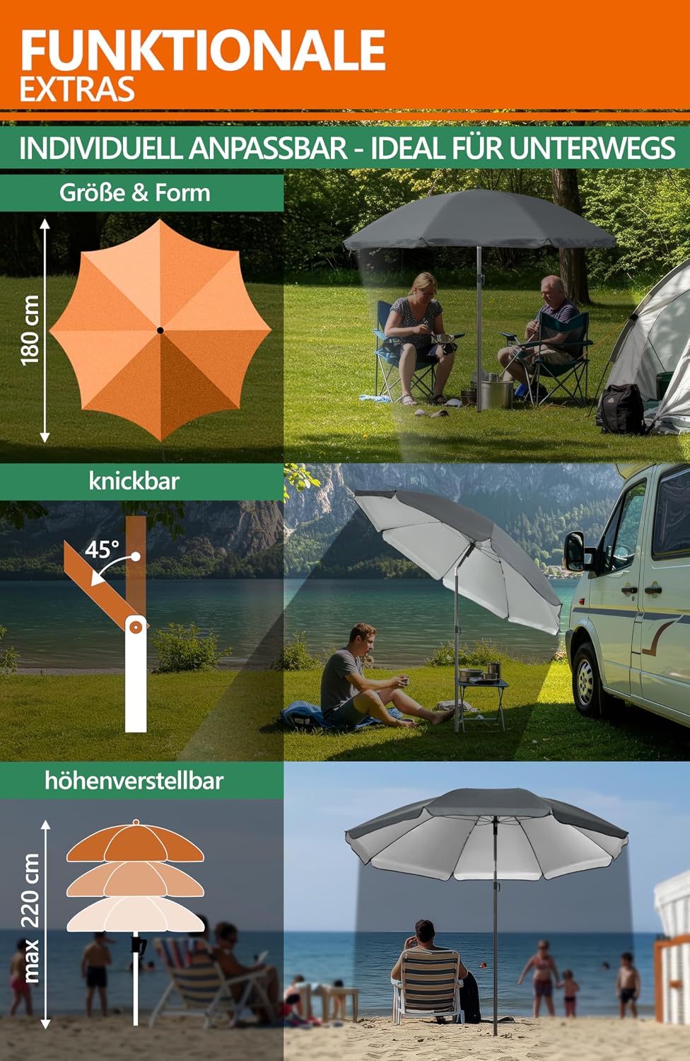 4smile Sonnenschirm Strand SunnyJoy 3-IN-1-SET, Fb. Anthrazit - Strandschirm Ø 180 cm + Bodenhülse +