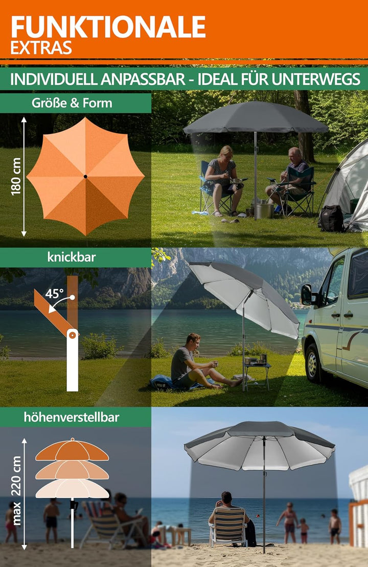 4smile Sonnenschirm Strand SunnyJoy 3-IN-1-SET, Fb. Anthrazit - Strandschirm Ø 180 cm + Bodenhülse +