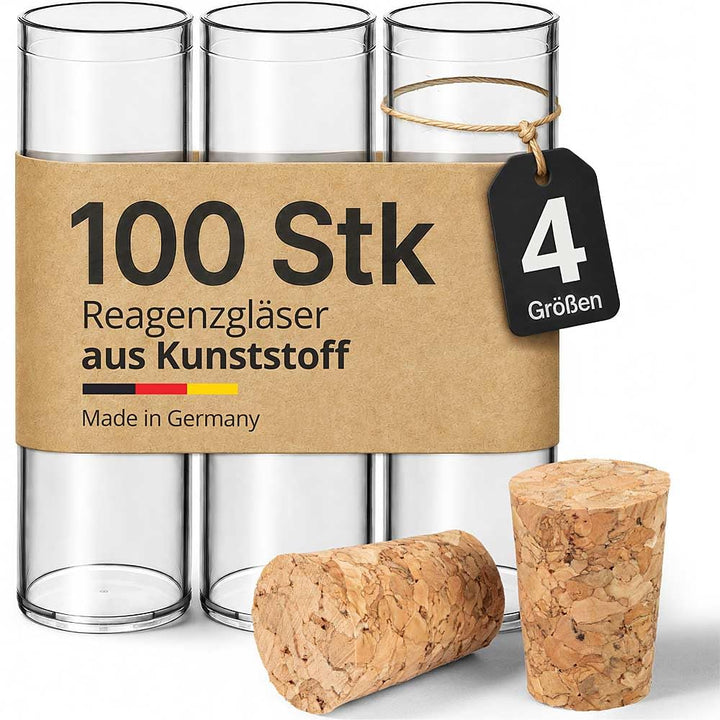 Tuuters 100x Kunststoff Reagenzgläser mit Korken, Kunststoffröhrchen (95 x Ø17, Presskorken) 95 x Ø1