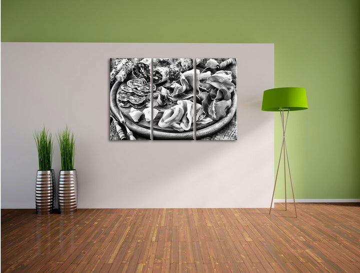 Pixxprint Brotzeit mit Wurst als Leinwandbild | Grösse: 3 Teilig (120x80) | Wandbild| Kunstdruck | f