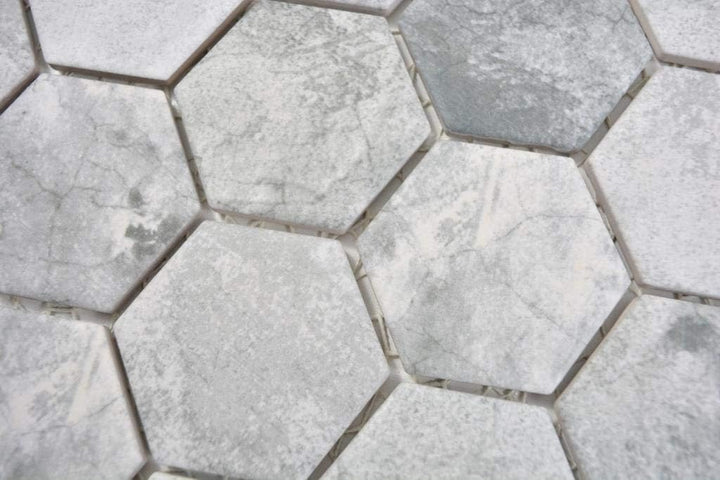 Mosaikfliese Keramik Hexagon Sechseck Zement hellgrau Mosaikwand Küchenfliese Duschwand Duschtasse F