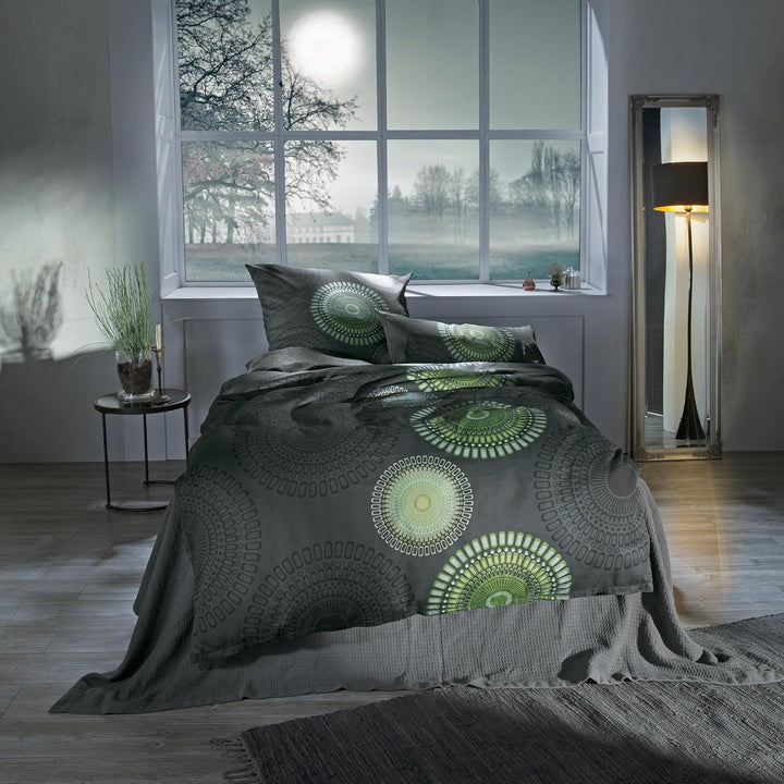 REDBEST Bettwäsche, Bettgarnitur Satin Kreise anthrazit-grün Grösse 200x200 cm (2X 80x80 cm) - 100%