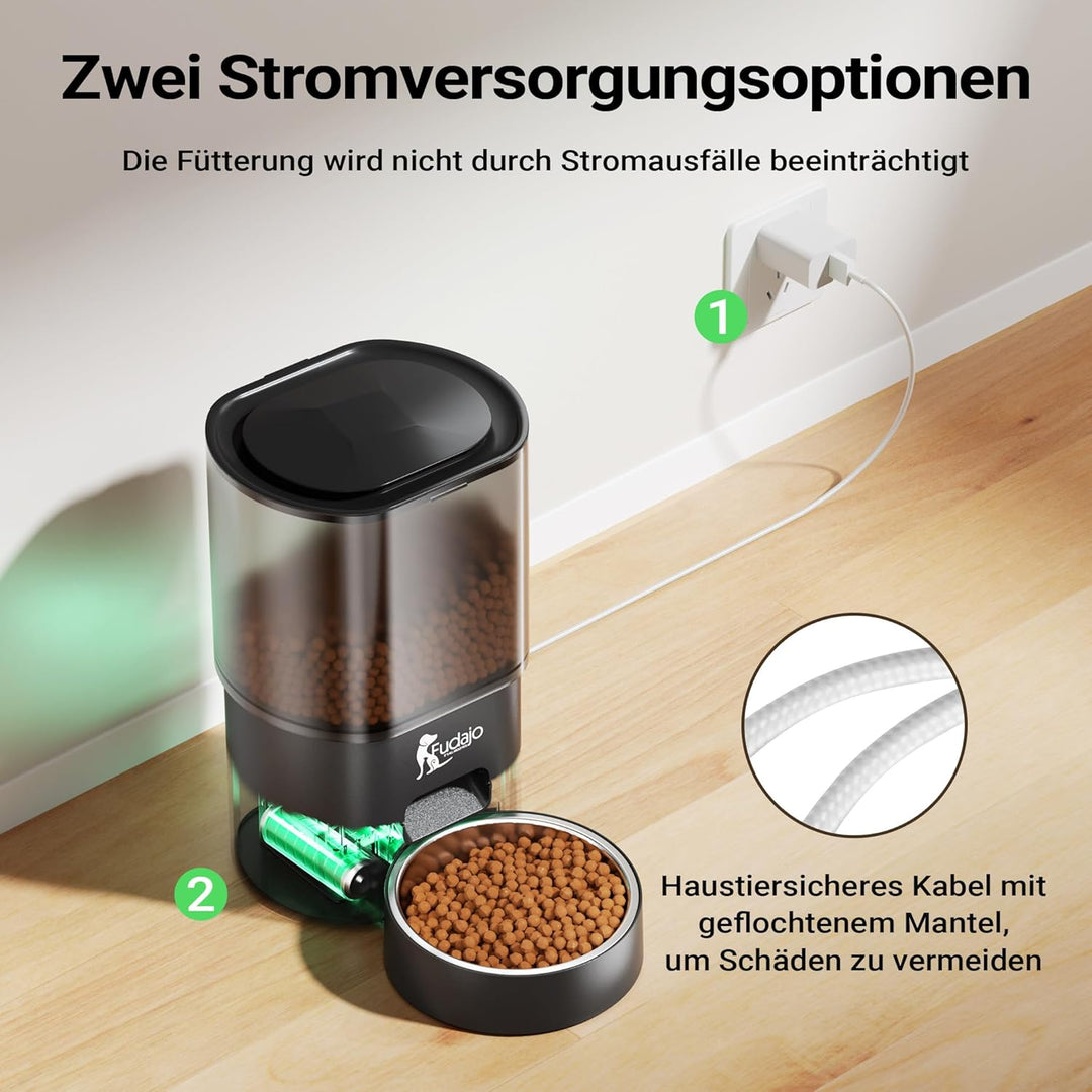 Fudajo Futter- und Trinkautomat für Katzen & Hunde in Schwarz, 3 L Futterspender und 2,5 L Trinkbrun