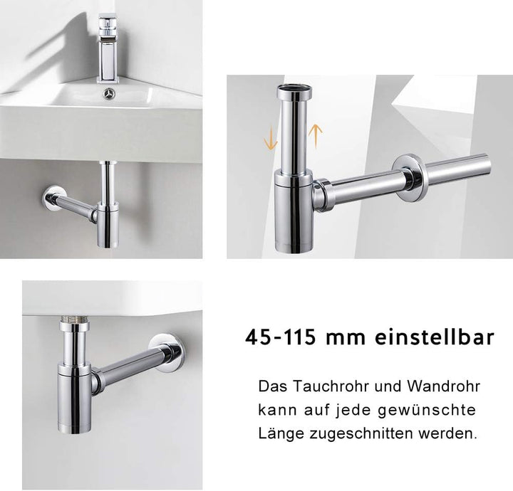 Wasserrhythm Universal Siphon mit Ablaufgarnitur für Waschbecken und Waschschalen mit Überlauf, Chro