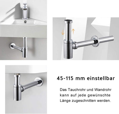 Wasserrhythm Universal Siphon mit Ablaufgarnitur für Waschbecken und Waschschalen mit Überlauf, Chro
