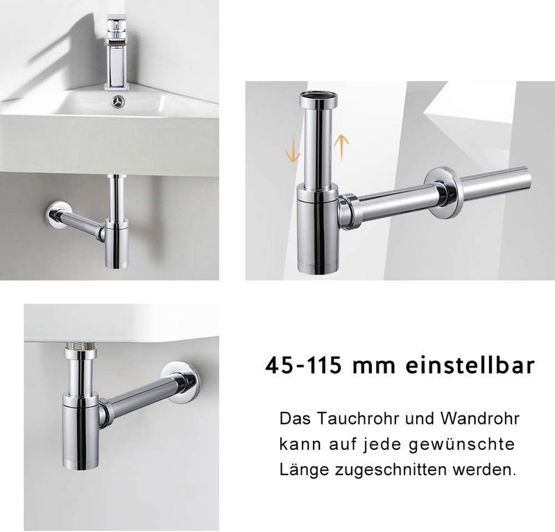 Wasserrhythm Universal Siphon mit Ablaufgarnitur für Waschbecken und Waschschalen mit Überlauf, Chro