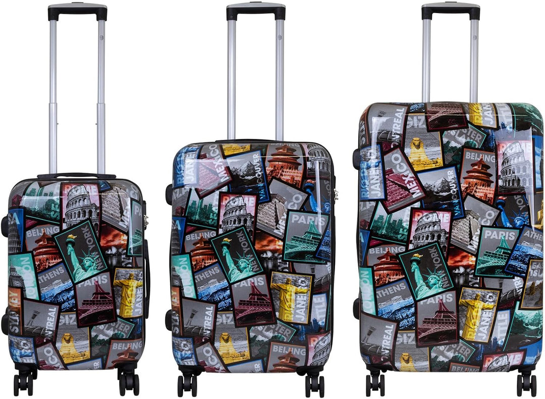 Trendyshop365 Koffer-Set 3-teilig Hartschale - bunt Motiv Weltreise Rio Athen Paris Kofferset 3-teil