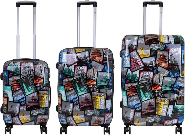 Trendyshop365 Koffer-Set 3-teilig Hartschale - bunt Motiv Weltreise Rio Athen Paris Kofferset 3-teil