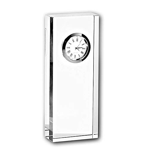 CRISTALICA Glasblockuhr Tischuhr Standuhr für Schreibisch Schrankwand 15cm analog Silber