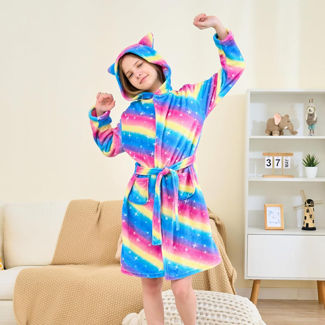 Katzen Bademantel für Mädchen Weiches Fleece Morgenmäntel mit Kapuze und Katzenohren Regenbogen 5-6