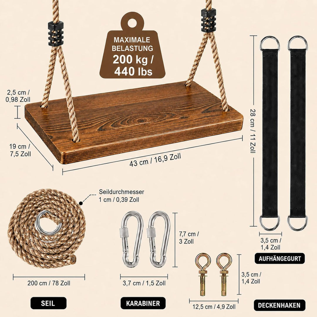 Holzschaukel für Garten & Innenbereich – Schaukelsitz aus Massivholz (43x20x2,5cm) bis 200kg, Kinder