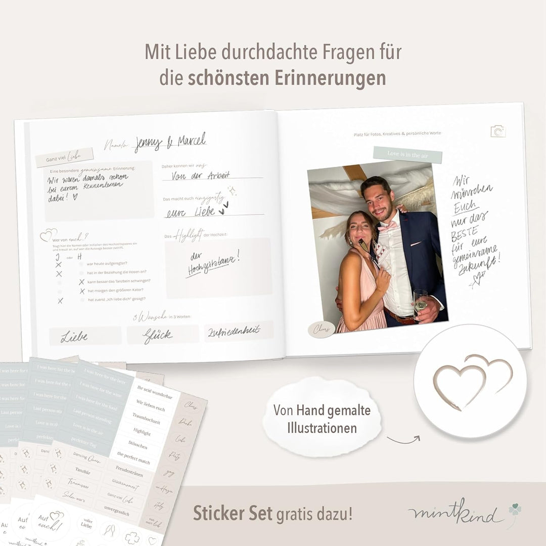 mintkind® Gästebuch Hochzeit zum Ausfüllen Offwhite inkl. 4 Stickerbögen | 84 Seiten mit Fragen für