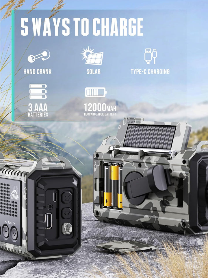 Kurbelradio 12000mah mit Handyladefunktion Solar, AM/FM/SW Notfallradio,Usb/Typ C, Sos,Wiederaufladb