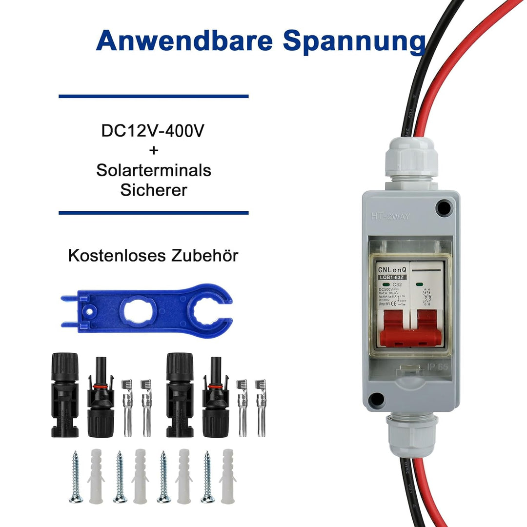 DC Trennschalter, PV Trennschalter 32A/400V 2 Polig DC Sicherungsautomat IP65 Wasserdicht DC Trennsc