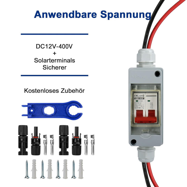 DC Trennschalter, PV Trennschalter 32A/400V 2 Polig DC Sicherungsautomat IP65 Wasserdicht DC Trennsc