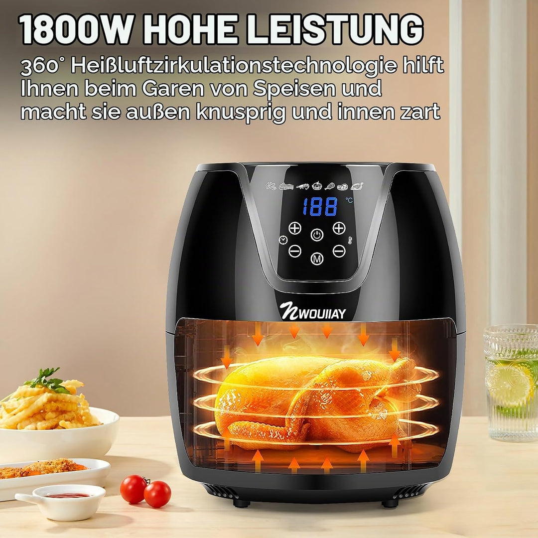 Heissluftfritteuse 5,5L 1800W Air Fryer LED-Touchscreen Frittieren ohne Öl | Grosses Fassungsvermöge