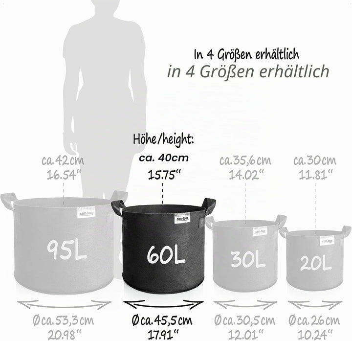 com-four® 5X Pflanzsack je 60 L für Kartoffeln - Tomaten-Kübel mit Griffen - Pflanztasche - Pflanzto