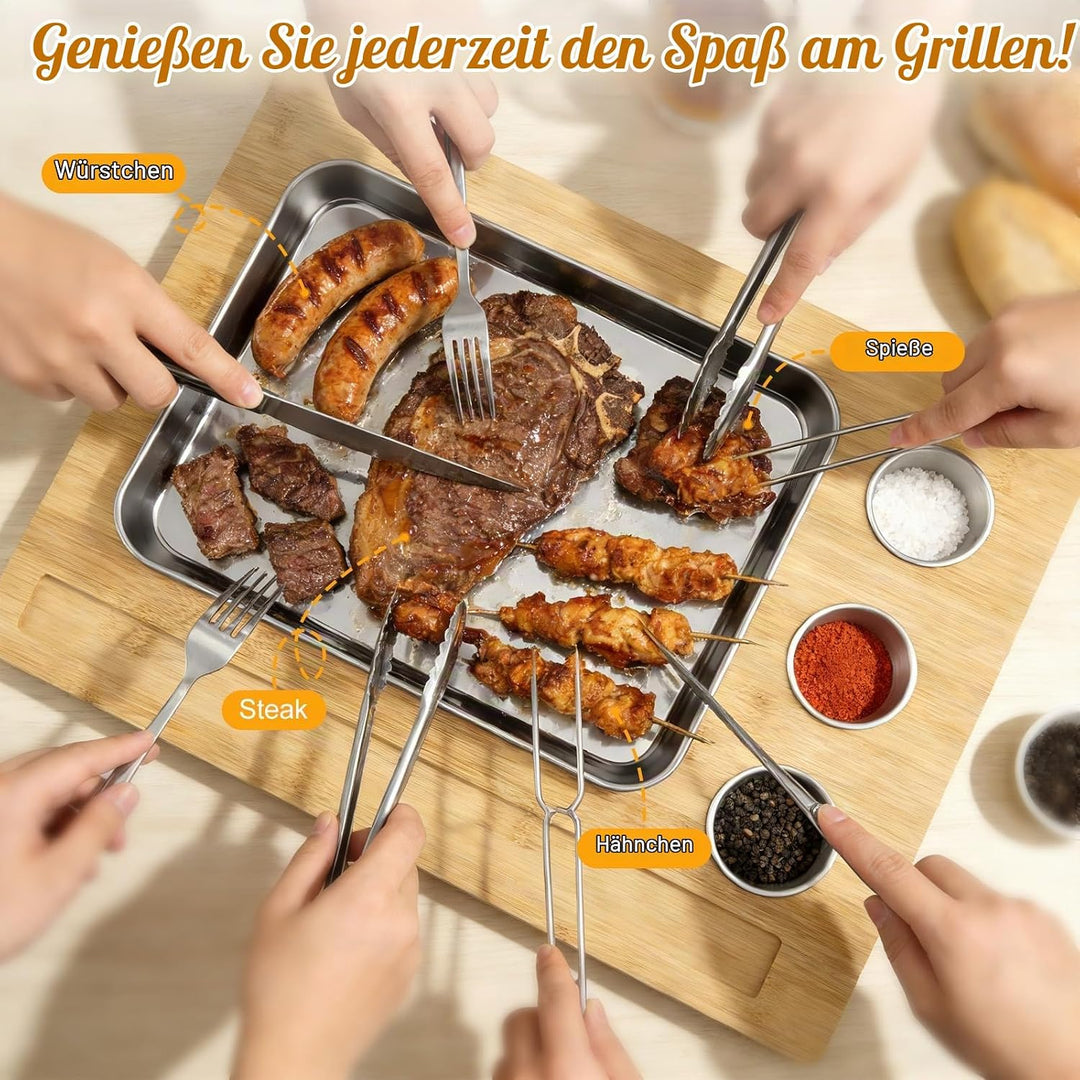 Warmhalteplatte Grillgut, Holz Speisenwärmer mit 304 Edelstahl Grillplatte und Dip-Schale, BBQ Fleis