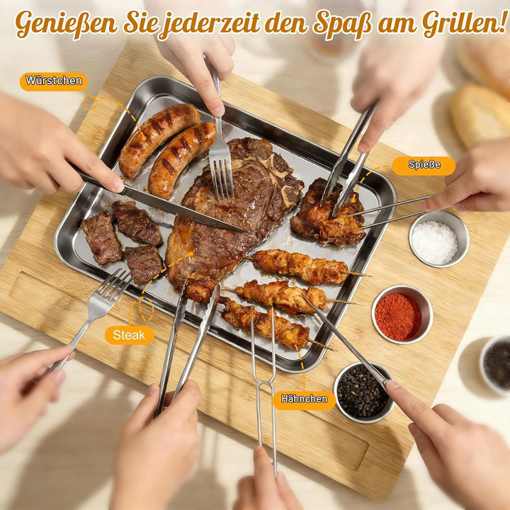 Warmhalteplatte Grillgut, Holz Speisenwärmer mit 304 Edelstahl Grillplatte und Dip-Schale, BBQ Fleis
