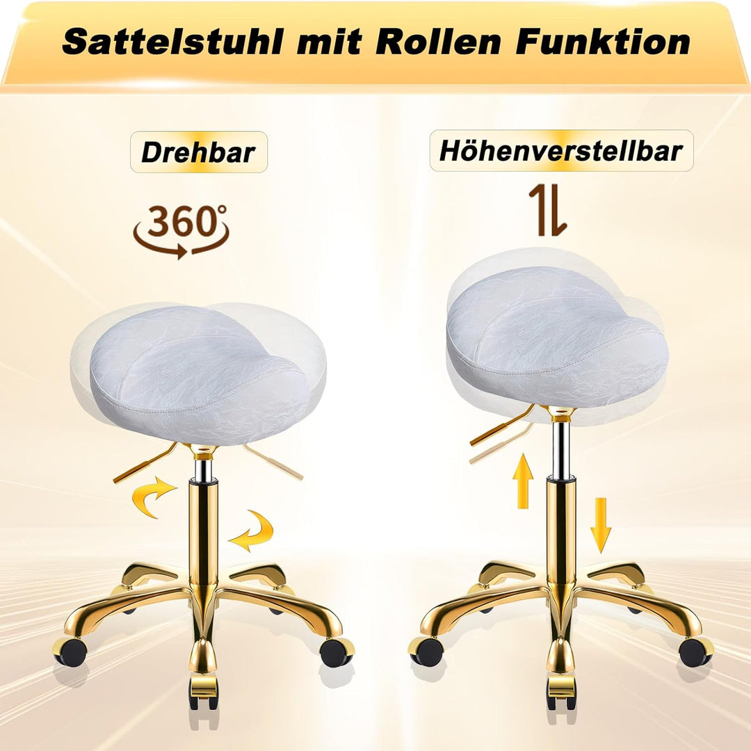 Gold Sattelhocker mit Rollen, Professionelle Rollhocker Höhenverstellbar, PU Leder Drehhocker, Salon
