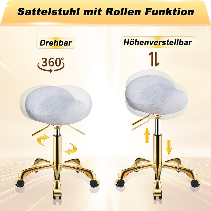 Gold Sattelhocker mit Rollen, Professionelle Rollhocker Höhenverstellbar, PU Leder Drehhocker, Salon