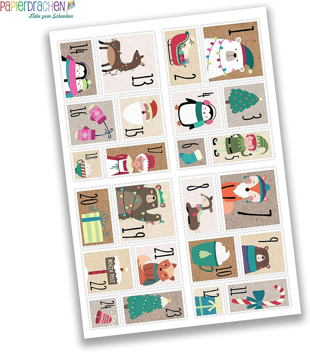 Papierdrachen Adventskalender zum Befüllen - 24 Geschenktüten und 24 Zahlenaufkleber und Klammern -